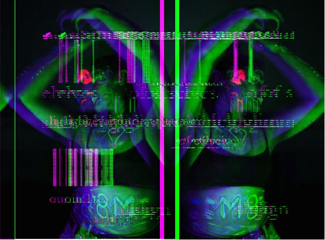 Twin image of a figure from the waist up, cloned and digitally manipulated, mirrored across a vertical axis marked by two thin bands of neon green and orchid. The figure is lit in neon green, pink and purple and has their arms raised, face turned away from the camera, wearing a cropped tank with spaghetti straps. The superimposed text is digitally distorted and illegible, to the point where the letters seem to form bar codes, but written on the abdomen of the figure: M8.