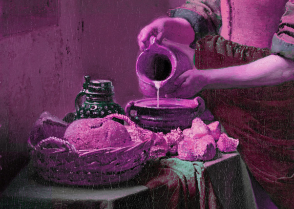 Detail of the bread on the table from Vermeer's oil painting, The Milkmaid (1657–1658), tinted purple.