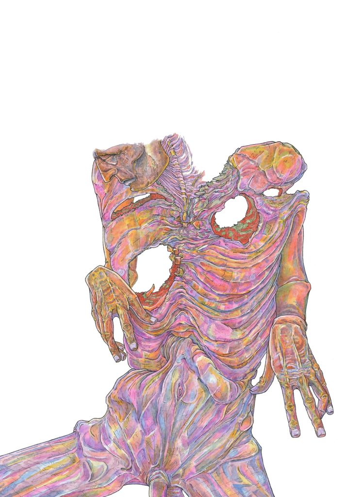 The pelvis and torso of a seated man in white space rendered in exquisite sinewy detail, ink stippling and washes of psychedelic colours, raw blast holes in his pectoral muscles. His face is turned away with a somber expression.
