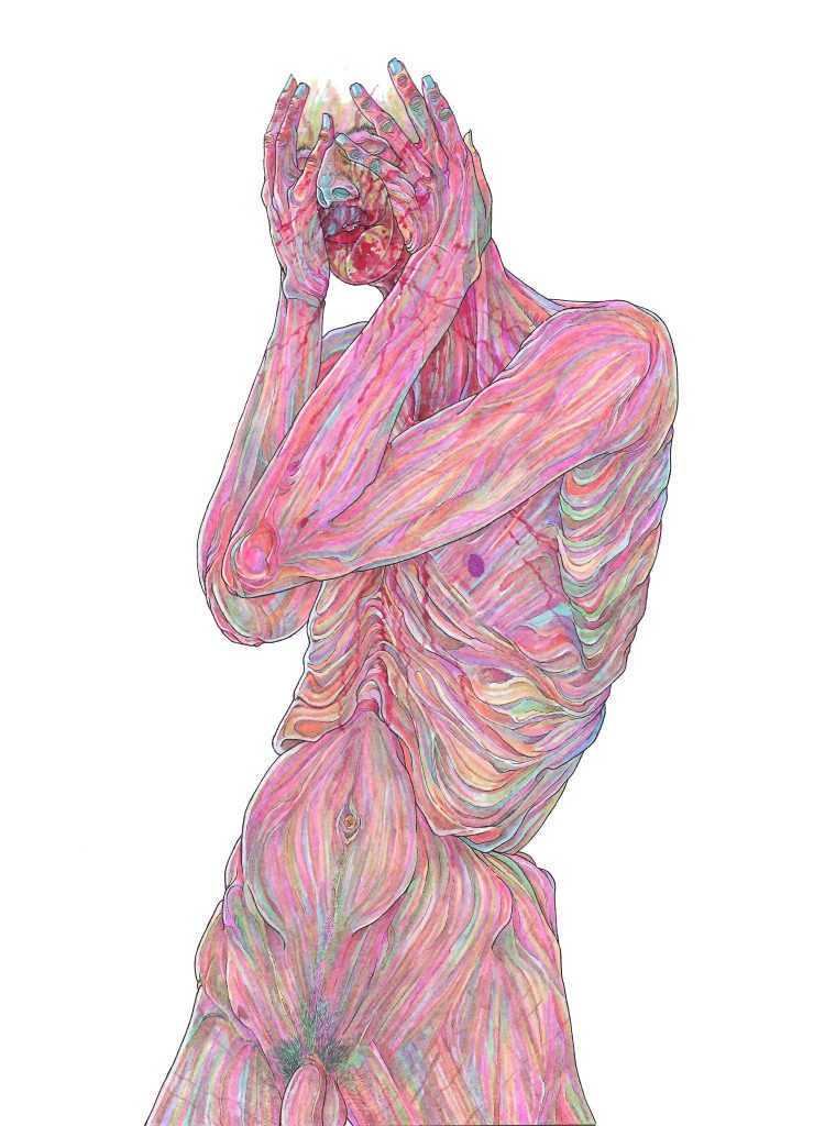 A standing man captured from the pelvis up holds his face, eyes closed, in his hands. Mad muscular striations in psychedelic marker colours comprise his body. A fuschia liquid reminiscent of blood flows over his jaw, is splattered on his hands and forearms and trickles down his chest. Pale marks on his upper thighs suggest scratches or scars.