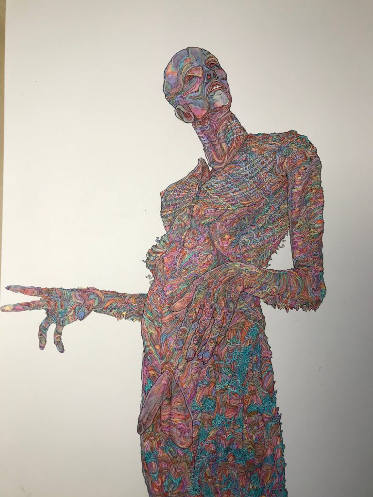 A man stands in a 3/4 stance, one hand stretched toward the edge of the page. His face appears to be deformed by growths and has the appearance of stone. His body's flesh is rendered in craggy, squiggly, breathtaking detail with strange, colourful wormlike growths beginning from the neck seem to curl and melt over the skin or appear rigid, like metal shavings or drip like stalactites. Over the legs, they appear to be bright green, like moss, but upon closer inspection, they look more like clusters of little vertebrae-like clamps. His member, the only smooth aspect of his body, stands at half mast.