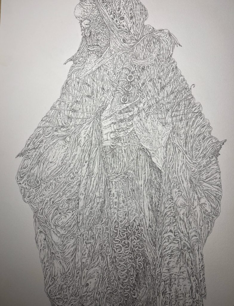 Black and white illustration rendered in immense, painstaking detail of a strange robed figure holding some kind of arcane tool. The draping cloth appears almost like wrinkled skin over a desiccated body, fingernails curl and hook into thin cords wrapped about the torso, chain links hang from the cloth below.